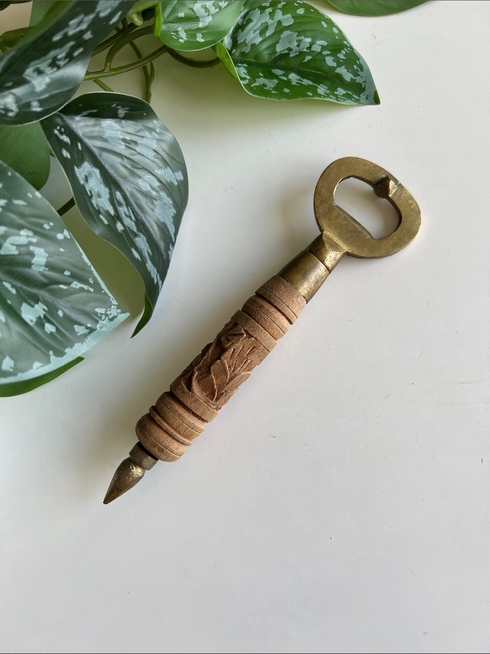 Vintage Brass Carved Wood Bottle Opener Barware